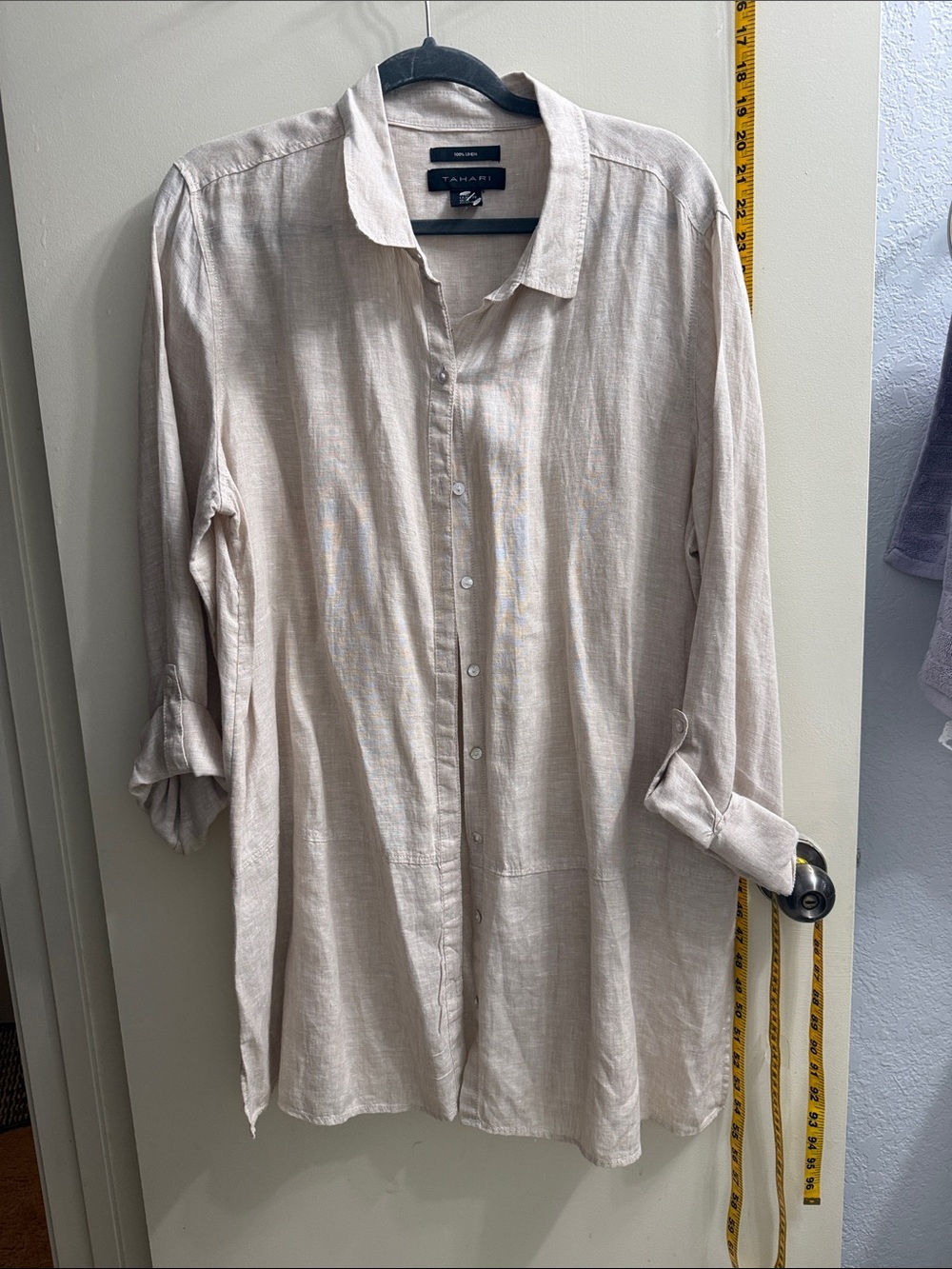 Tahari Light Cream Button-Front Casual Linen Blend Shirt